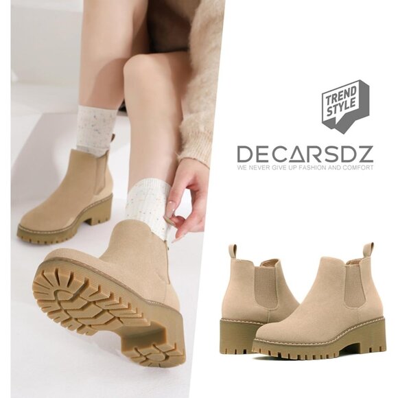 Womens Nude Faux Leather Low Wedge Heel Slip On Chunky Platform Ankle Boots - Picture 2 of 8